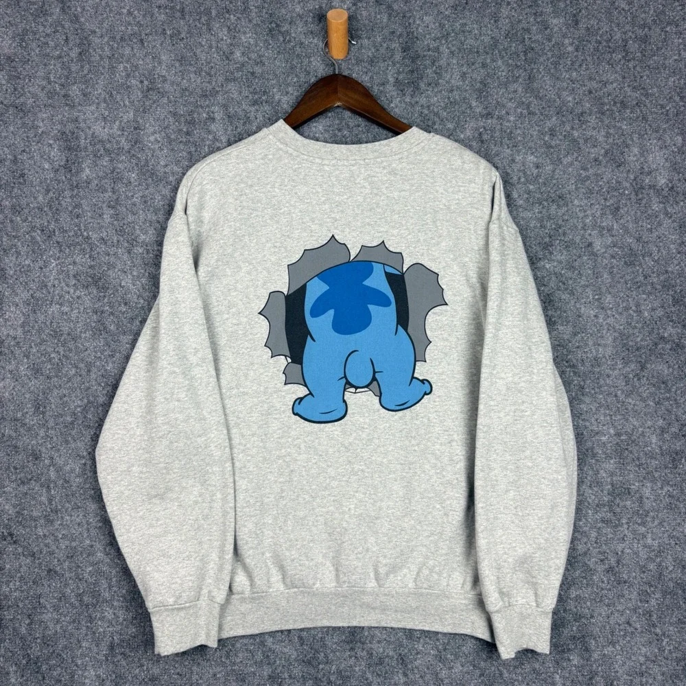 Disney Lilo & Stitch Gray Crewneck Sweatshirt Double Sided Graphic Mens Medium